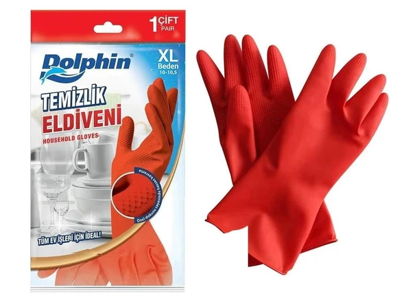 Dolphin Lateks Bulaşık Temizlik Eldiveni - Kırmızı - XL - No : 10 - 5 Çift - Paket - 2