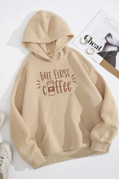 Unisex Oversize But First Coffee Baskılı Sweatshirt - Resim 3