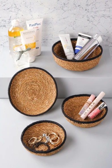 Rafael - 4 lü Dekoratif Doğal El Örmesi Hasır Yuvarlak Sepet Seti, Havluluk, Banyo Organizer - 2