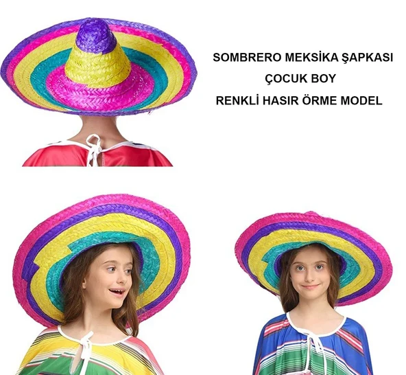 samur parti parti aksesuar & kostüm Sombrero Meksika Şapkası Renkli Örme Hasır Çocuk Boy - 5