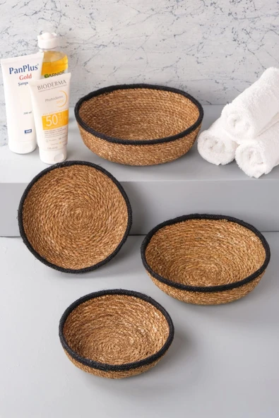 Rafael - 4 lü Dekoratif Doğal El Örmesi Hasır Yuvarlak Sepet Seti, Havluluk, Banyo Organizer - 3