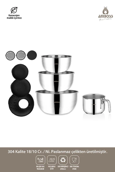 Uranüs 10 Parça Paslanmaz Çelik Rendeli Kase Sütlük Sosluk Seti