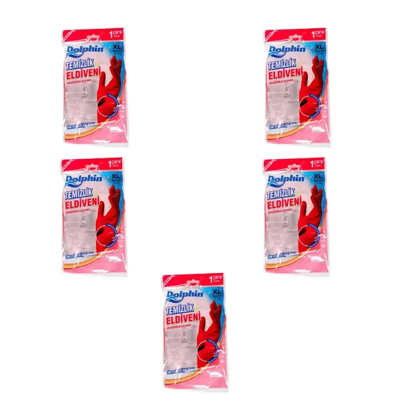 Dolphin Lateks Bulaşık Temizlik Eldiveni - Kırmızı - XL - No : 10 - 5 Çift - Paket