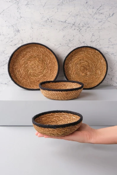 Rafael - 4 lü Dekoratif Doğal El Örmesi Hasır Yuvarlak Sepet Seti, Havluluk, Banyo Organizer - 5