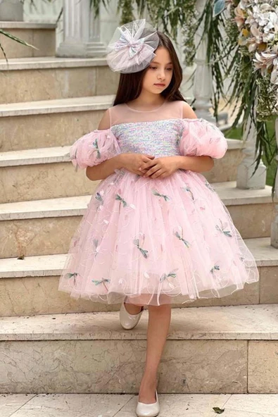 Kız Çocuk Düşük Omuzlu Balon Kollu Göğsü Pulpayet İşlemeli Üzeri Yusufçuk Detaylı Pembe Abiye - Resim 2