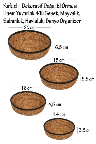 Rafael - 4 lü Dekoratif Doğal El Örmesi Hasır Yuvarlak Sepet Seti, Havluluk, Banyo Organizer - 6