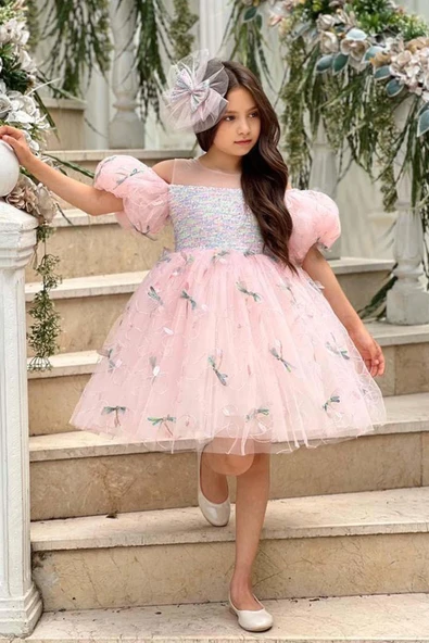 Kız Çocuk Düşük Omuzlu Balon Kollu Göğsü Pulpayet İşlemeli Üzeri Yusufçuk Detaylı Pembe Abiye - Resim 3