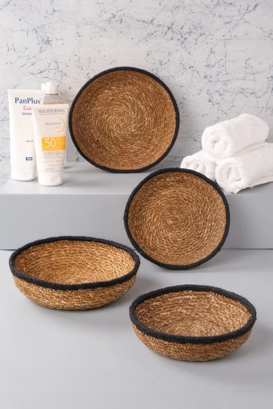 Rafael - 4 lü Dekoratif Doğal El Örmesi Hasır Yuvarlak Sepet Seti, Havluluk, Banyo Organizer - 4