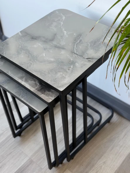 Beren Tekerlekli Zigon Sehpa Takımı Gri Mermer Desen Salon Oturma Salonu Zigonu Ofis Zigonu - 3