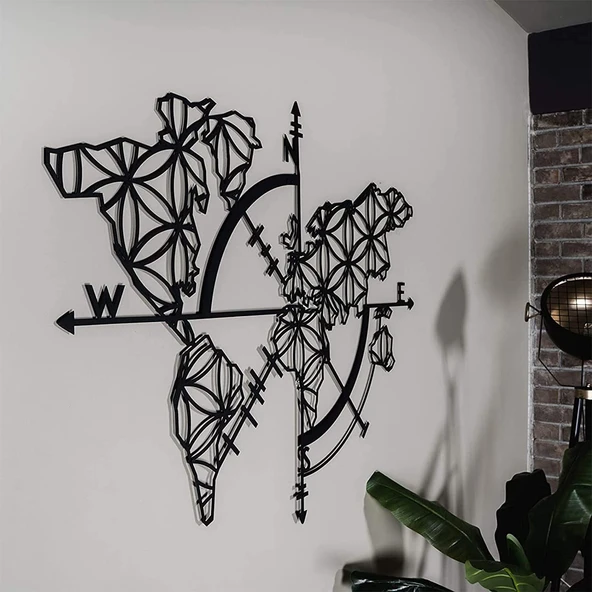 Dekoratif Pusulalı Dünya Haritası Ev Ofis İçin Metal Duvar Tablosu 95cmx130cm m5 - 3