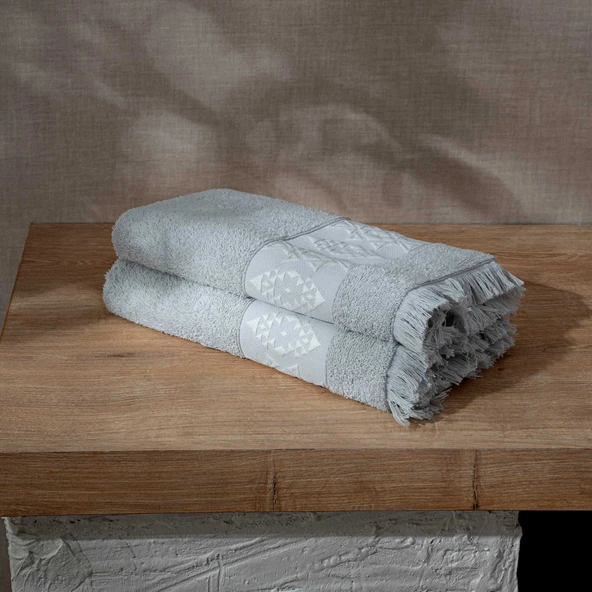 Hereke 2'li El Yüz Havlusu Seti %100 Pamuk Jakarlı Açık Gri 50x80 Cm - 3