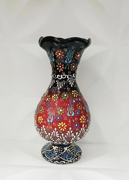 Çini Geleneksel Desenli Seramik Vazo 25 cm Çiçek Biblo Çini Seramik Dekoratif Obje