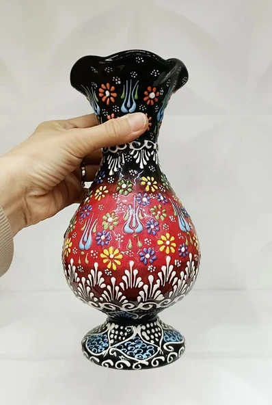 Çini Geleneksel Desenli Seramik Vazo 25 cm Çiçek Biblo Çini Seramik Dekoratif Obje - 2