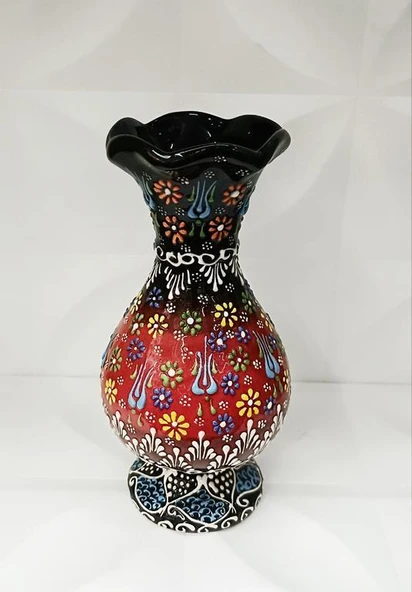 Çini Geleneksel Desenli Seramik Vazo 25 cm Çiçek Biblo Çini Seramik Dekoratif Obje - 4