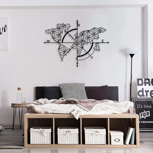 Dekoratif Pusulalı Dünya Haritası Ev Ofis İçin Metal Duvar Tablosu 95cmx130cm m5