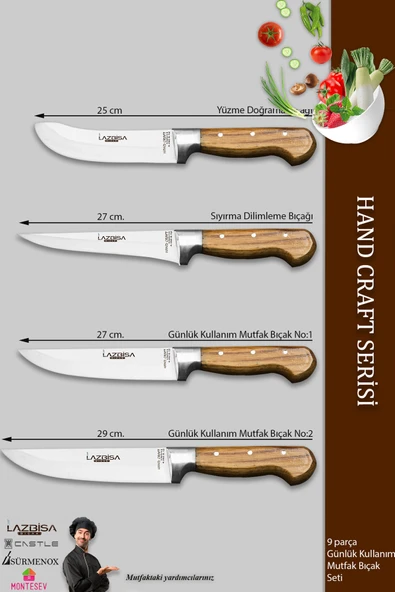 Hand Craft Mutfak Bıçak Seti Et Ekmek Sebze Bıçağı Masat 9 Lu Set Günlük Kullanım ( Mtf-257 ) - Resim 2