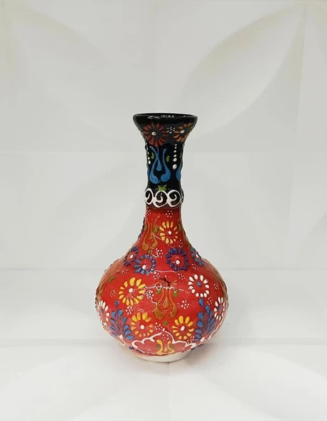 Çini Geleneksel Desenli Seramik Vazo 16 cm Çiçek Biblo Çini Seramik Dekoratif Obje