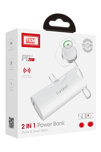 Type-c 20w Hızlı Şarj Soketli Mini Powerbank 5000mah Dahili Saat Şarj Kablolu Taşınabilir Batarya  SİYAH - 5