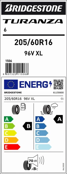 205/60R16 96V XL TURANZA 6 BRIDGESTONE
