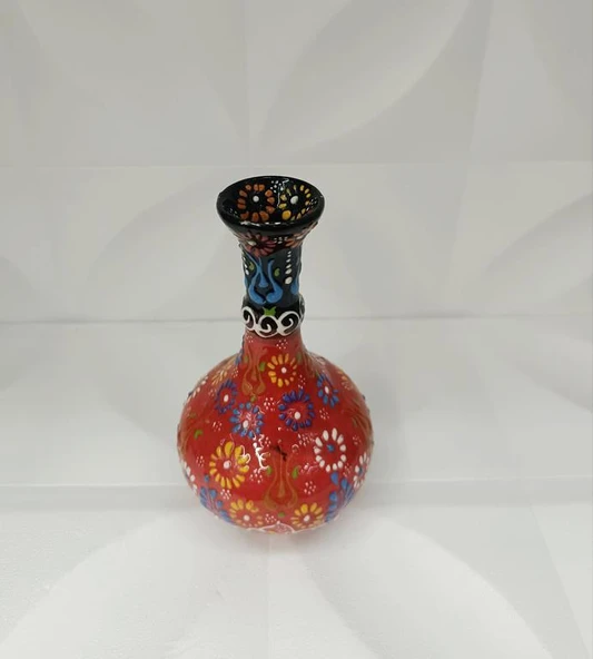 Çini Geleneksel Desenli Seramik Vazo 16 cm Çiçek Biblo Çini Seramik Dekoratif Obje - 3