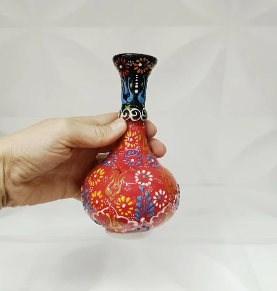 Çini Geleneksel Desenli Seramik Vazo 16 cm Çiçek Biblo Çini Seramik Dekoratif Obje - 2