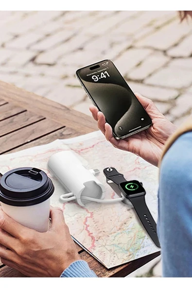 Type-c 20w Hızlı Şarj Soketli Mini Powerbank 5000mah Dahili Saat Şarj Kablolu Taşınabilir Batarya  BEYAZ - 3