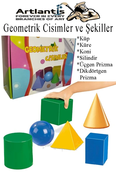 Geometrik Cisimler ve Şekiller Büyük Boy 1 Paket Matematik Ders Materyali 10 cm  6 Parça Prizma Küp Silindir Küp Koni