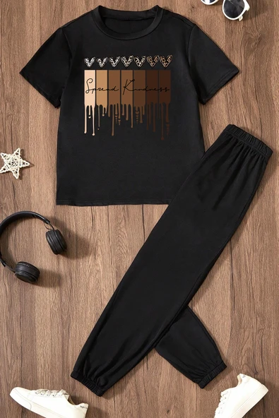 Çocuk Leopar Kalp Baskılı Alt - Üst Eşofman Takımı - 7