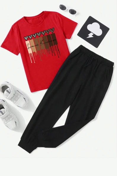 Çocuk Leopar Kalp Baskılı Alt - Üst Eşofman Takımı - 5