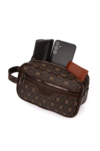 Unisex Siyah Desenli Kumaş Vegan Deri Suya Dayanıklı Elegan Portföy Stil El Çantası - 2