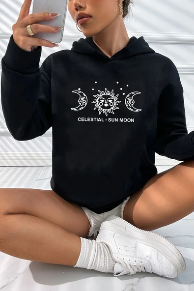 Unisex Celestial Sun Moon Baskılı Sweatshirt