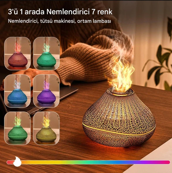 160ml Şenlik Ateşi Difüzörü Renkli Alev Nemlendirici Aromaterapi Başucu Masa Lambası