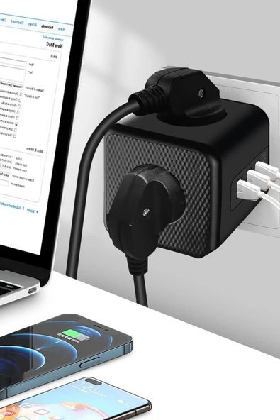 Priz Çoğaltıcı Isıya Dayanıklı Termal Akım Çocuk Korumalı Priz 3x Priz Girişli 3x USB Girişli Priz - 3