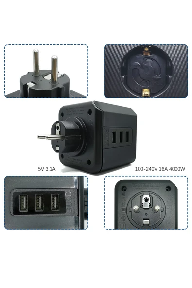 Priz Çoğaltıcı Isıya Dayanıklı Termal Akım Çocuk Korumalı Priz 3x Priz Girişli 3x USB Girişli Priz - 6