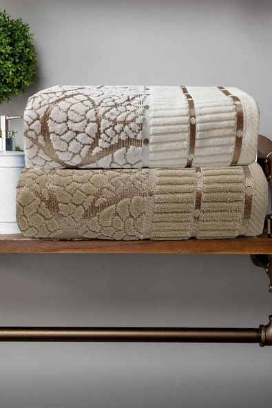 2 li Jakarlı Kadife Yaprak Desenli Lüks El Yüz Havlu Seti 50x90 Cm %100 Pamuklu - 10