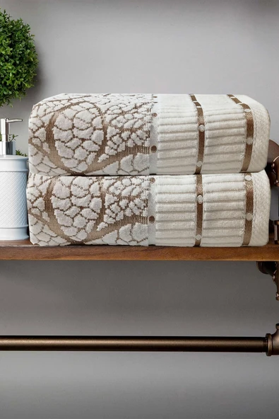 2 li Jakarlı Kadife Yaprak Desenli Lüks El Yüz Havlu Seti 50x90 Cm %100 Pamuklu - 2