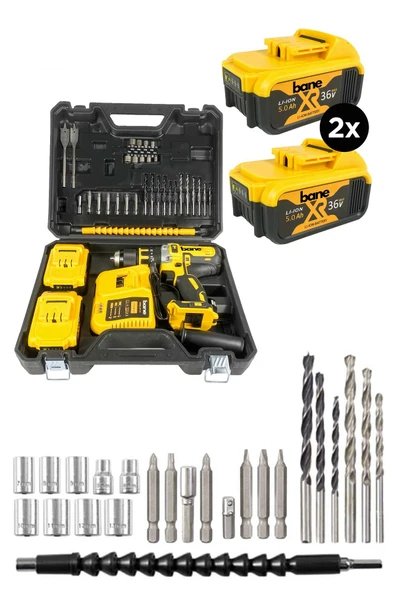 -0365 Şarjlı Darbeli Matkap Çelik Mandrenli Matkap Vidalama Seti İki Adet 36 V 5 Ah Batarya - 2