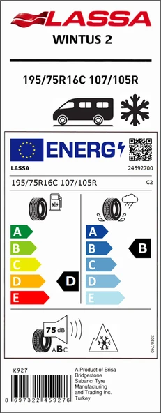 Lassa 195/75R16 C 107/105R 8Pr Wıntus2 B-E-75 Kış Hafif Ticari Lastiği (Üretim Yılı: 2024)