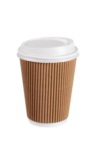 Özel Seri 8oz Kraft Ripple Double (Çift Duvar)Wall Karton Bardak Beyaz KAPAKLI -50 Adet