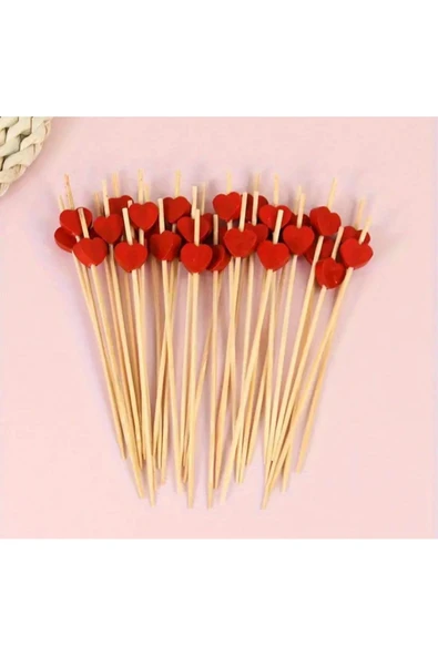 Sevgililer Günü Özel Kırmızı Kalp Bambu  Kürdan 12 cm 50 Adet - 4