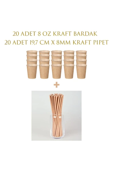 ALenked Kraft Kağıt 8 oz Bardak ve Kraft 19,7cm *8 mm Kağıt Pipet -20 ADET
