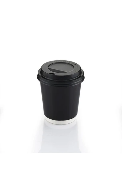 Özel Seri 8 oz Parlak Siyah Double Wall (Çift Duvarlı) Karton Bardak KAPAKLI -10 Adet