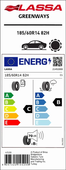 Lassa 185/60R14 82H Greenways C-B-70 Yaz Oto Lastiği (Üretim Yılı: 2025) - 2