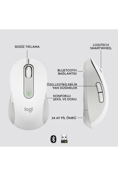 Logitech Signature M650 Küçük ve Orta Boy Sağ El Için Sessiz Kablosuz Mouse - Beyaz - 6