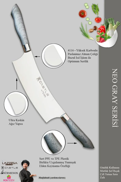 Neo Gray Serisi Mutfak Bıçak Pizza Börek Salata Kıyma Bıçağı Çift Tutma Zırh (MFT-965) - 3