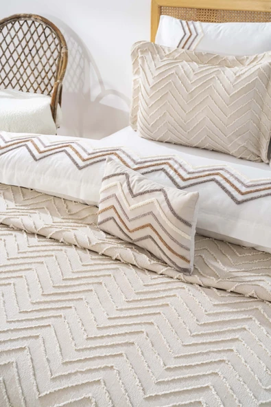 Rivaİstanbul Almila Bej Çift Kişilik Nevresimli Pike Seti - 8 Parça Çeyiz Seti - Resim 5