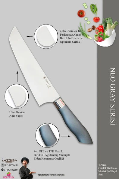 Neo Gray Serisi Mutfak Bıçak Seti Et Ekmek Sebze Salata Şef Bıçağı 4 Lü Set ( Mft-784) - 3