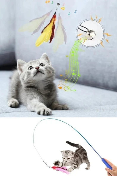 38-97 cm Uzayabilir Teleskopik Kedi Oyun Oltası Renkli Peluş Tüylü Zilli Tüy Yakalama Olta Oyuncağı ürün görseli 1