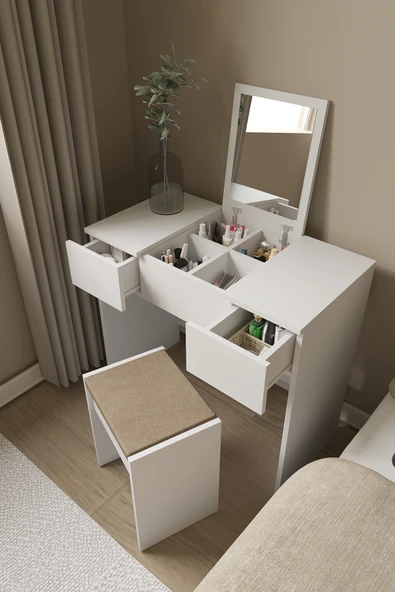 Anka Çekmeceli Aynalı Makyaj Masası Beyaz