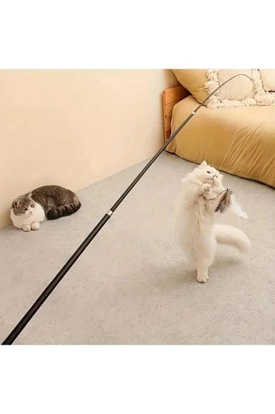 38-97 cm Uzayabilir Teleskopik Kedi Oyun Oltası Renkli Peluş Tüylü Zilli Tüy Yakalama Olta Oyuncağı - 5